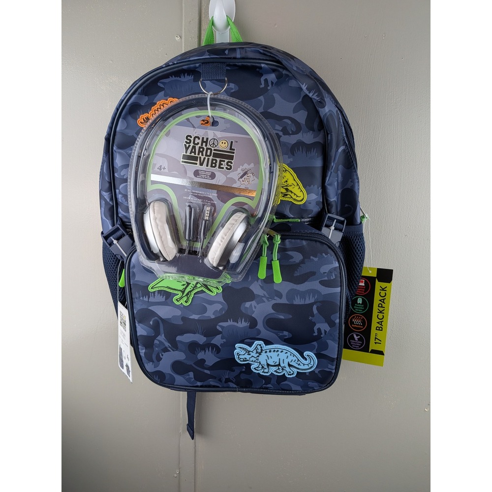 School Yard Vibes Dinosaur Camo 3pc Backpack Set with Lunch Box and Headphones - Picture 2 of 7